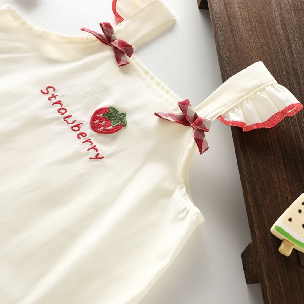 BerryBloom – Urocza i wygodna – sukienka dla dziewczynek z naszywką przedstawiającą truskawkę i króliczka