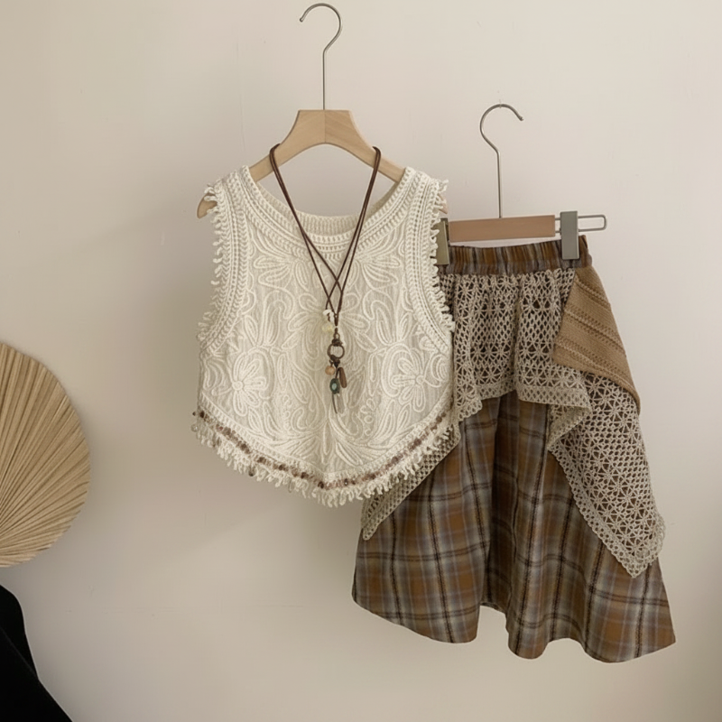 TinyTrends – Styl boho chic i uroczy – szydełkowany top z plisowaną spódnicą w kratkę