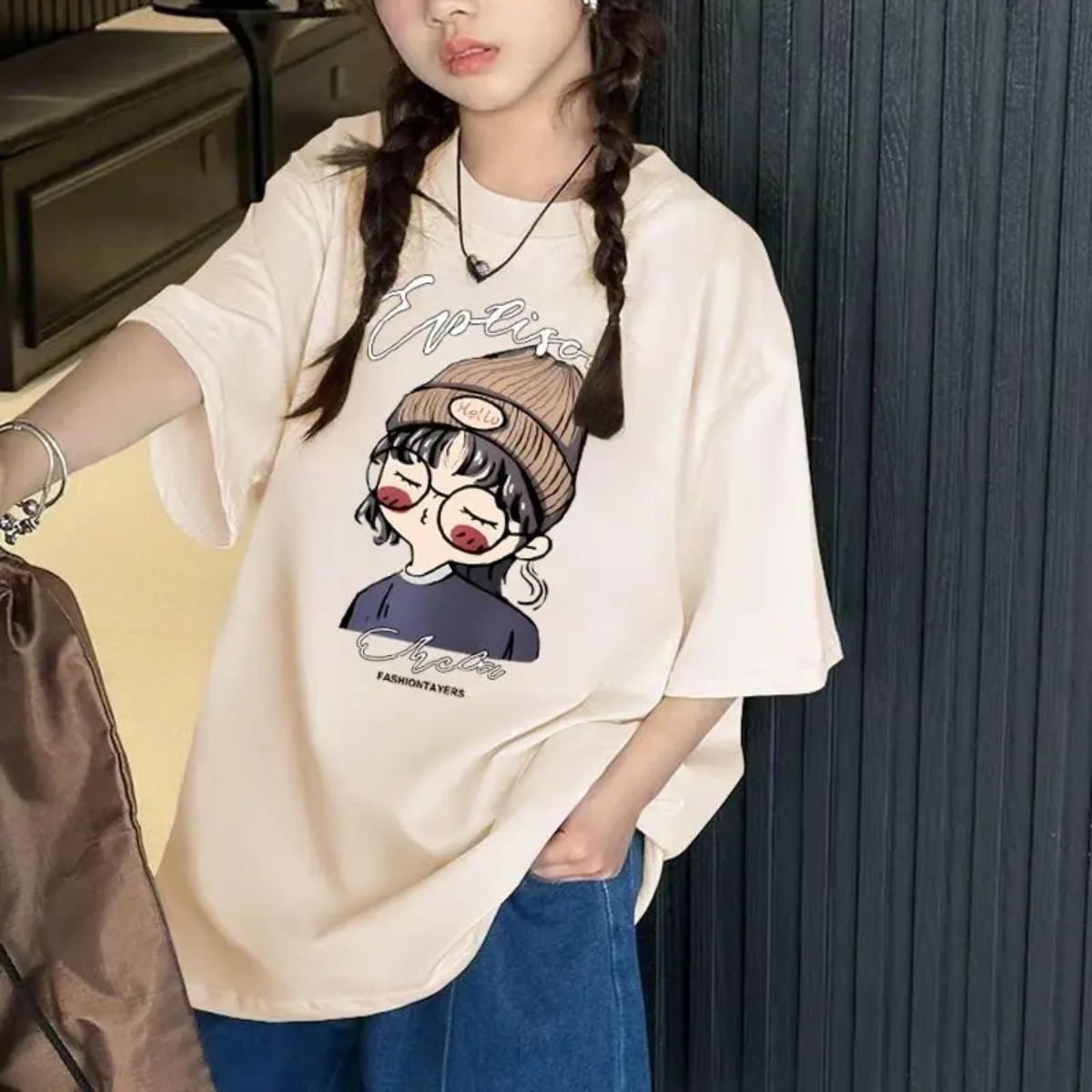 CuteStyle – Modne i wygodne – koszulka z nadrukiem z kreskówki w stylu oversized