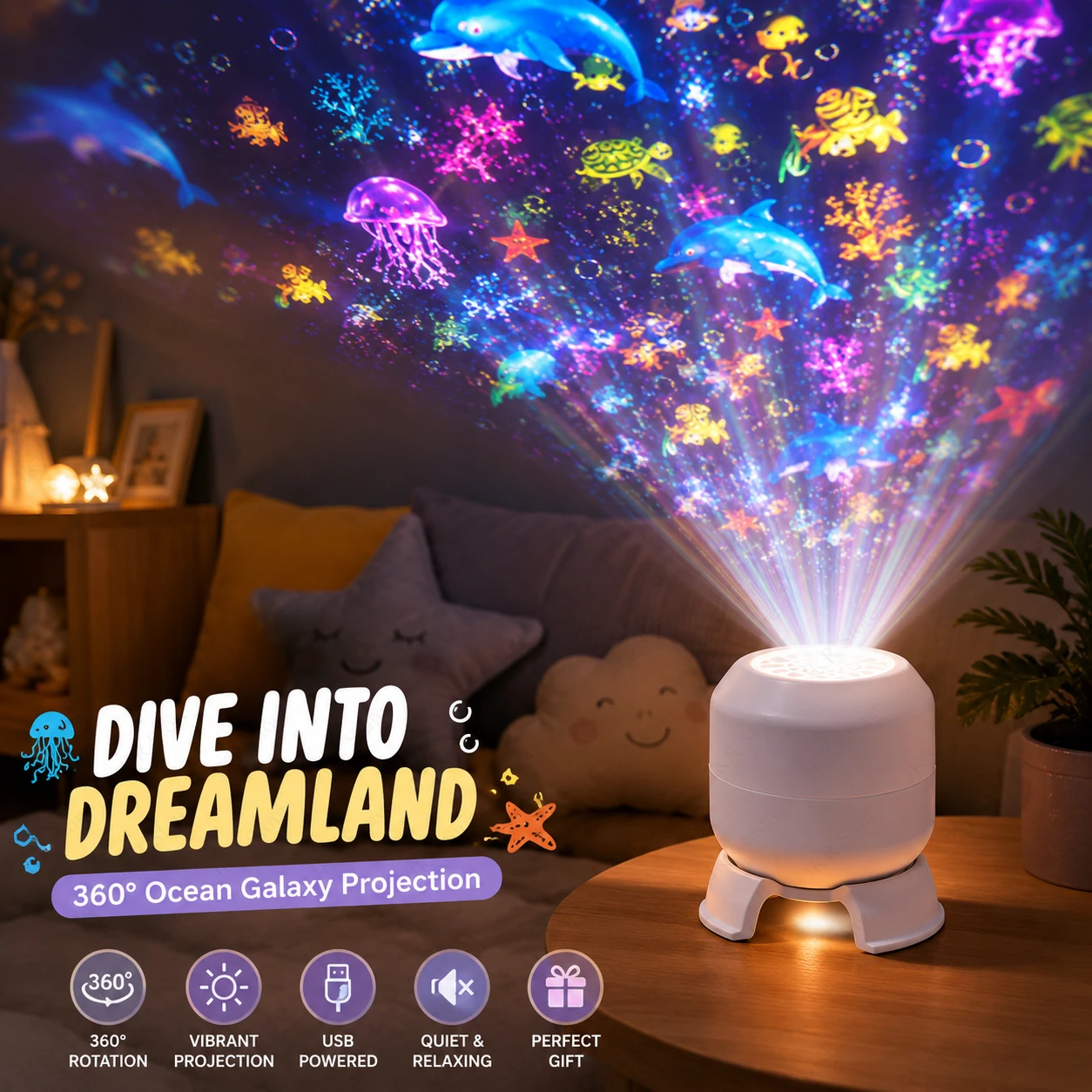SeaDream – Zabawa i nauka – obrotowa lampka nocna LED 360°