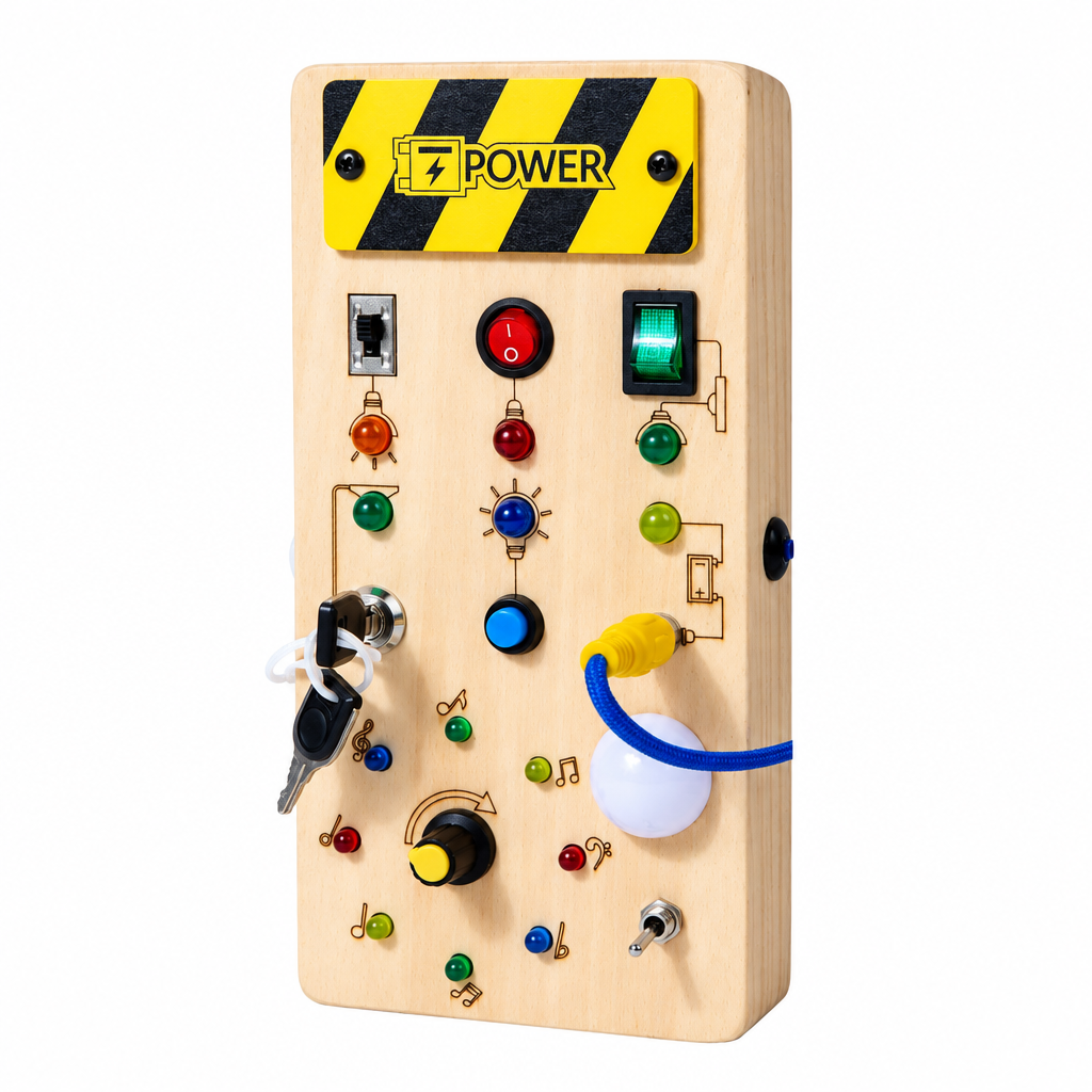 TinyTech – Drewniana tablica edukacyjna z lampkami i przełącznikami – zabawka edukacyjna