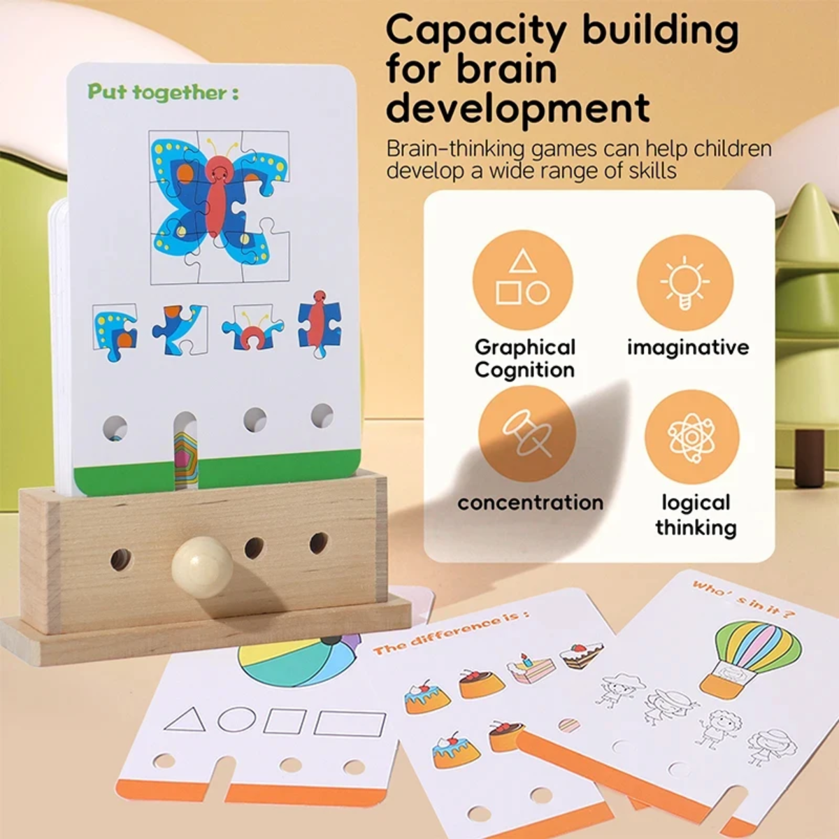 BrainyKids – Logiczne i zabawne – drewniana gra edukacyjna z kartami