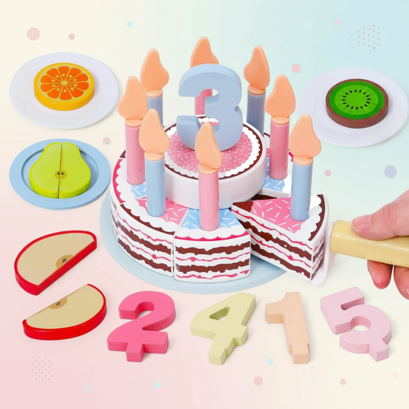 Wooden Cake Cutting Toy – Kreatywność i zabawa w odgrywanie ról – Drewniany tort urodzinowy