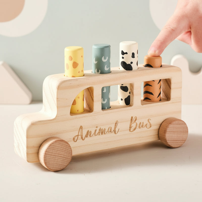 PressBus – Montessori & Edukacyjny – Drewniany autobus do zabawy z nadrukiem
