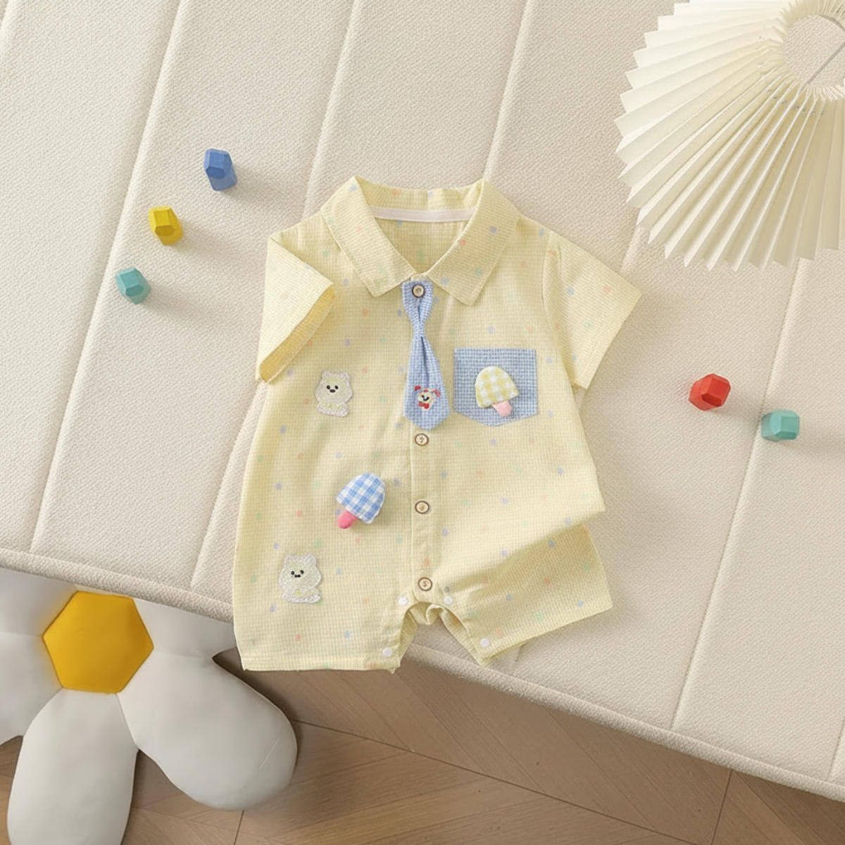 KiddoStyle – Uroczy i miękki – dziecięcy kombinezon z krawatem i naszywką