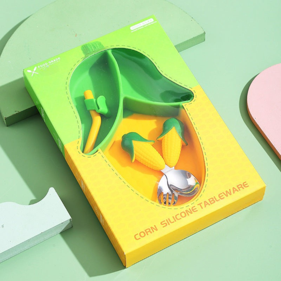 MiniMeal – Bezpieczny i antypoślizgowy – silikonowy zestaw talerzy dla maluchów ze sztućcami