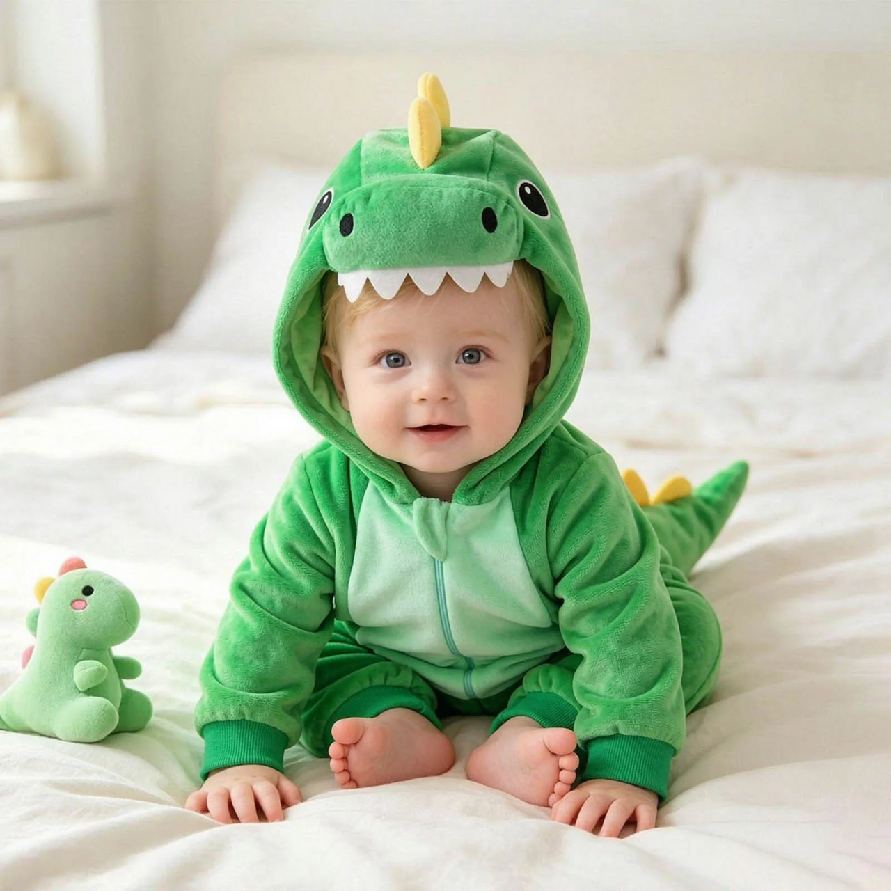 RoarBuddy – Urocze i zabawne – kombinezon dla niemowląt z motywem dinozaura i kapturem