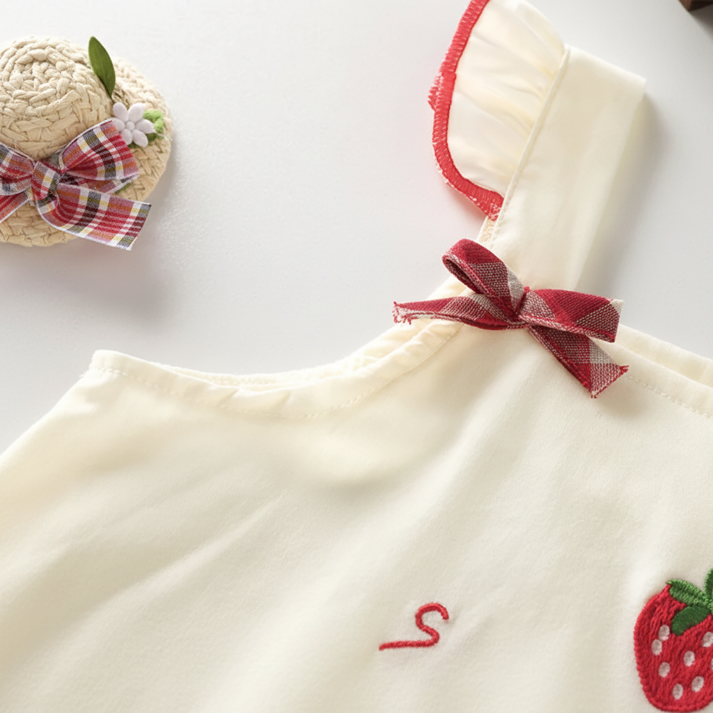BerryBloom – Urocza i wygodna – sukienka dla dziewczynek z naszywką przedstawiającą truskawkę i króliczka