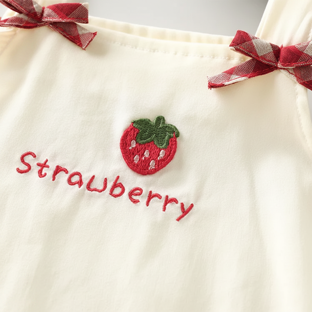 BerryBloom – Urocza i wygodna – sukienka dla dziewczynek z naszywką przedstawiającą truskawkę i króliczka