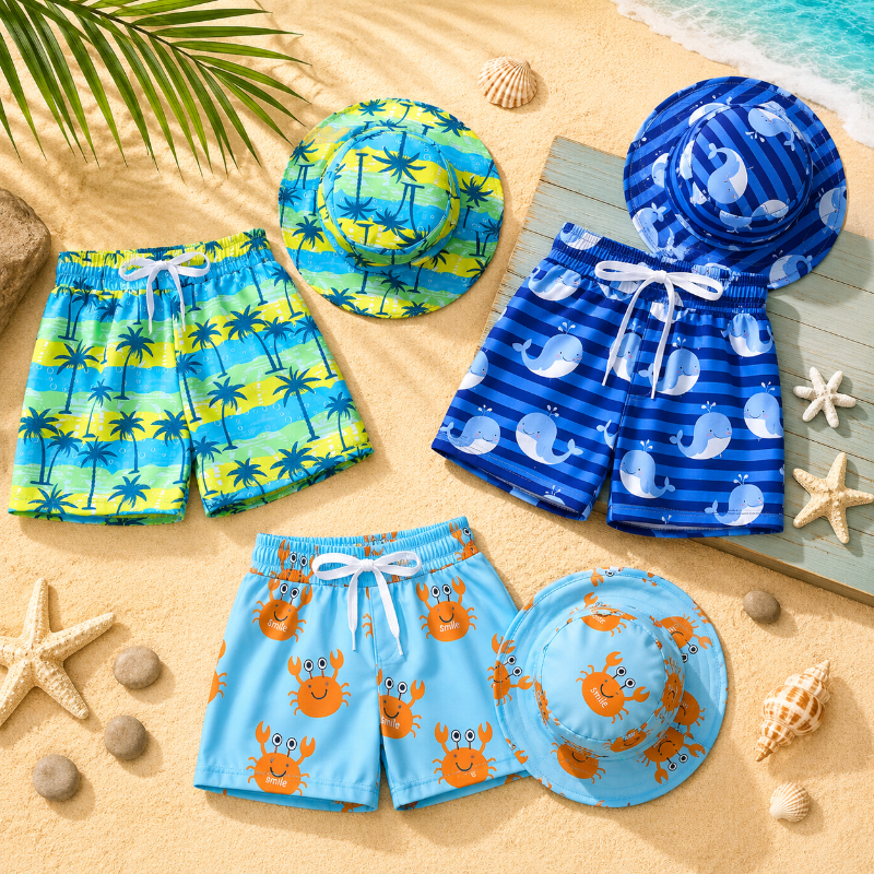 Beach Set – Kolorowe i stylowe – kąpielówki z nadrukiem i czapka