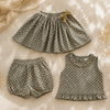 Matching Set – Wygodne i z nadrukiem stokrotek – bloomerki, spódniczka i bluzka