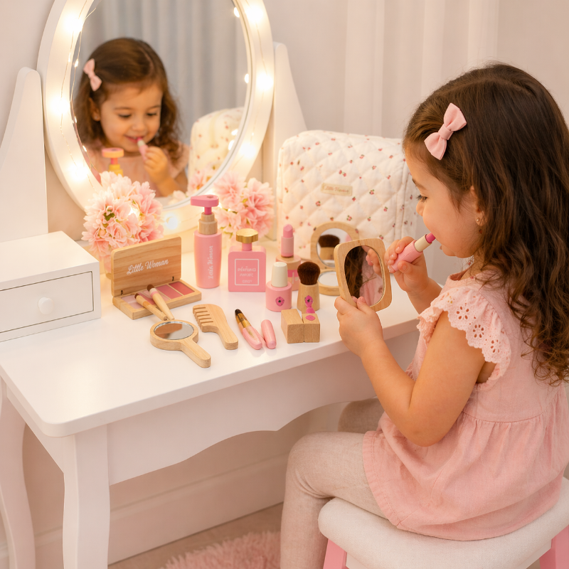 Wooden Makeup Play Set – Kreatywność i zabawa w odgrywanie ról – drewniany zestaw do makijażu