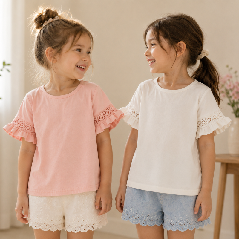 Girls Trumpet Sleeve Top – Elegancja i wygoda – rękawy z koronką