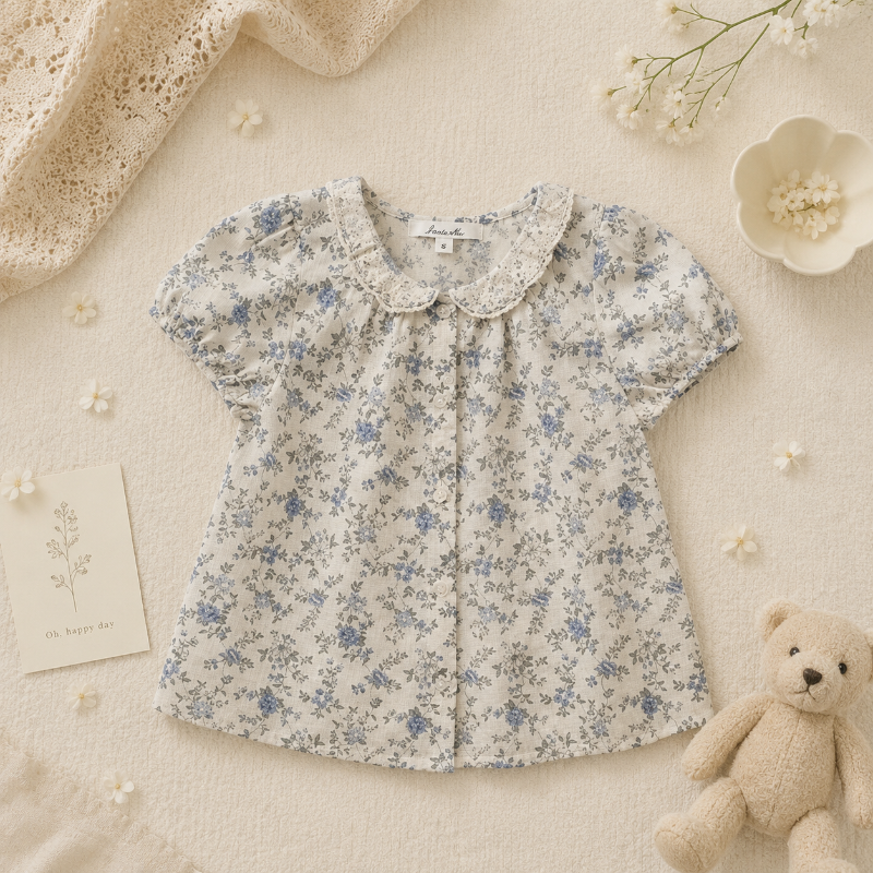 Vine Print Blouse – Lekka i urocza – dziecięca bluzka z bufiastymi rękawami