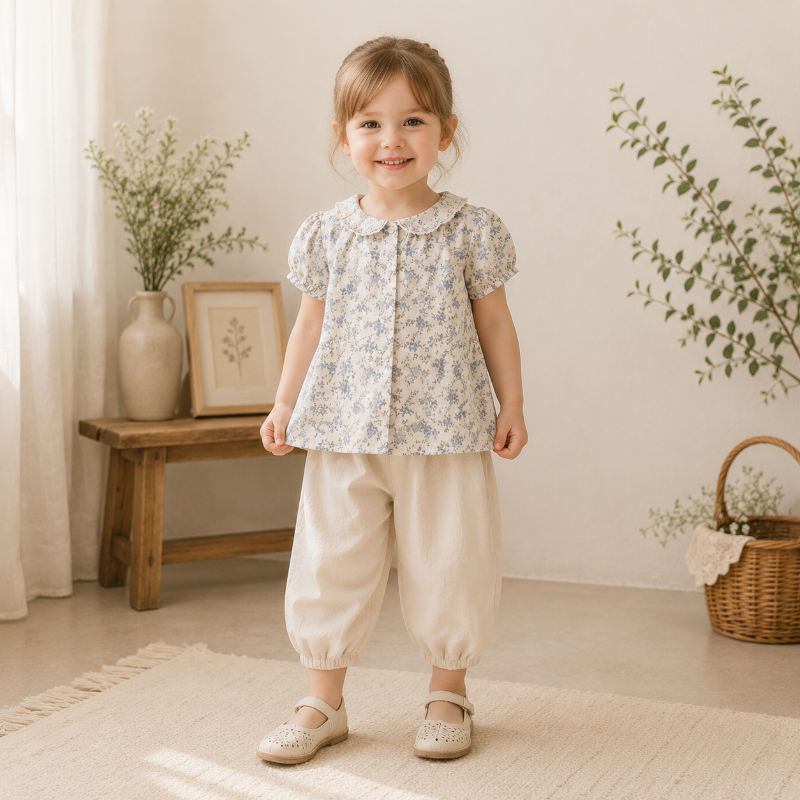 Vine Print Blouse – Lekka i urocza – dziecięca bluzka z bufiastymi rękawami