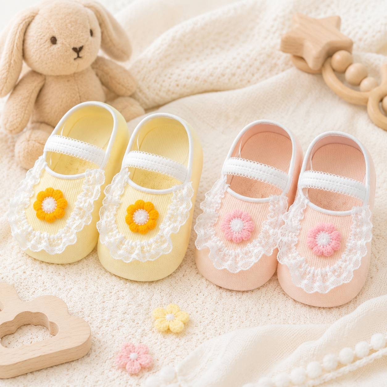 SweetFeet – Miękkie i urocze – skarpetki dla niemowląt z motywem kwiatowym i koronką