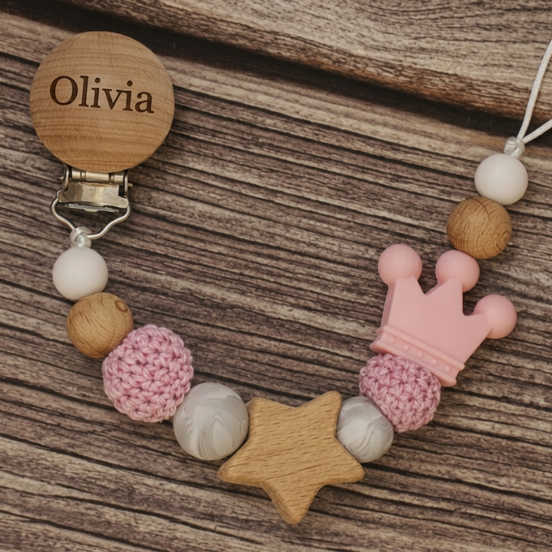 Baby Pacifier Holder – Z imieniem – spersonalizowane koraliki drewniane i silikonowe