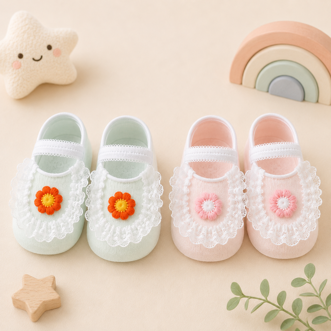 SweetFeet – Miękkie i urocze – skarpetki dla niemowląt z motywem kwiatowym i koronką