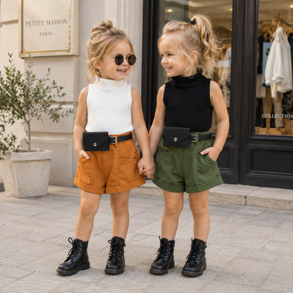 MiniFashionista – Elegancja i trendy – zestaw dla dziewczynek składający się z topu, szortów i saszetki