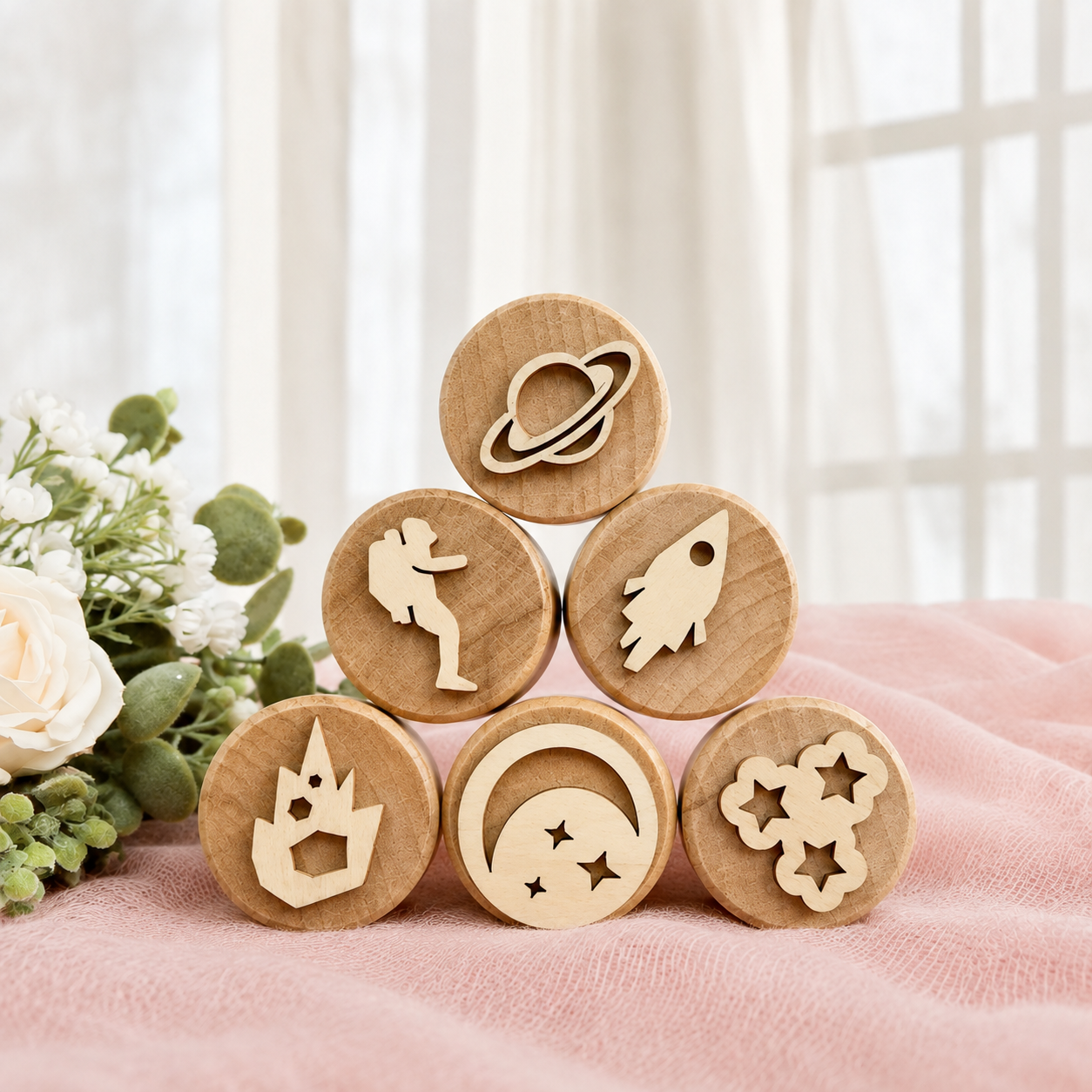WoodStamp – Montessori & Kreatywność – 6 sztuk drewnianych stempli do plasteliny