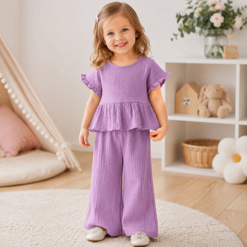 SoftCharm – Elegancki i wygodny – zestaw dla dziewczynek z bluzką z falbanami i długimi spodniami