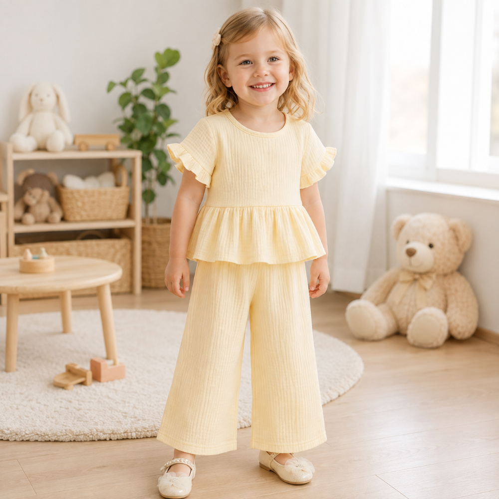 SoftCharm – Elegancki i wygodny – zestaw dla dziewczynek z bluzką z falbanami i długimi spodniami