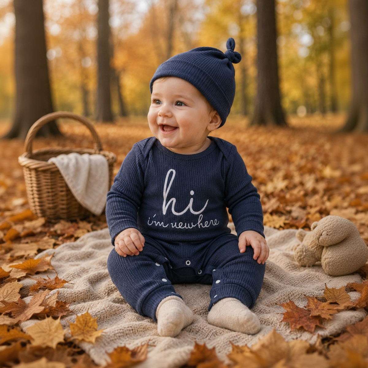 CuddleBaby – Cześć, jestem tu nowa – zestaw składający się z kombinezonu dla niemowląt i czapeczki