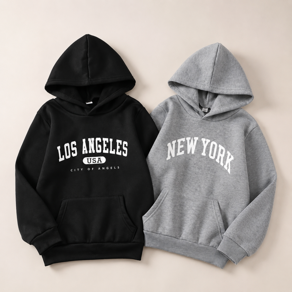 MiniUrban – Przytulny i stylowy – sweter z kapturem i nadrukiem „Los Angeles/New York”
