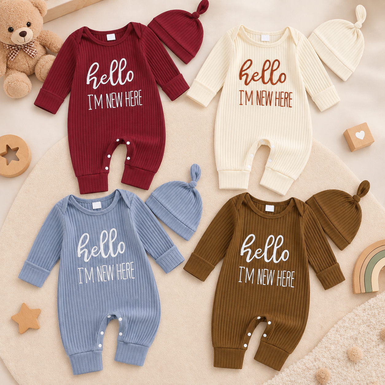 CuddleBaby – Cześć, jestem tu nowa – zestaw składający się z kombinezonu dla niemowląt i czapeczki