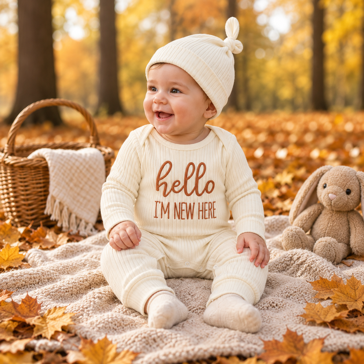 CuddleBaby – Cześć, jestem tu nowa – zestaw składający się z kombinezonu dla niemowląt i czapeczki
