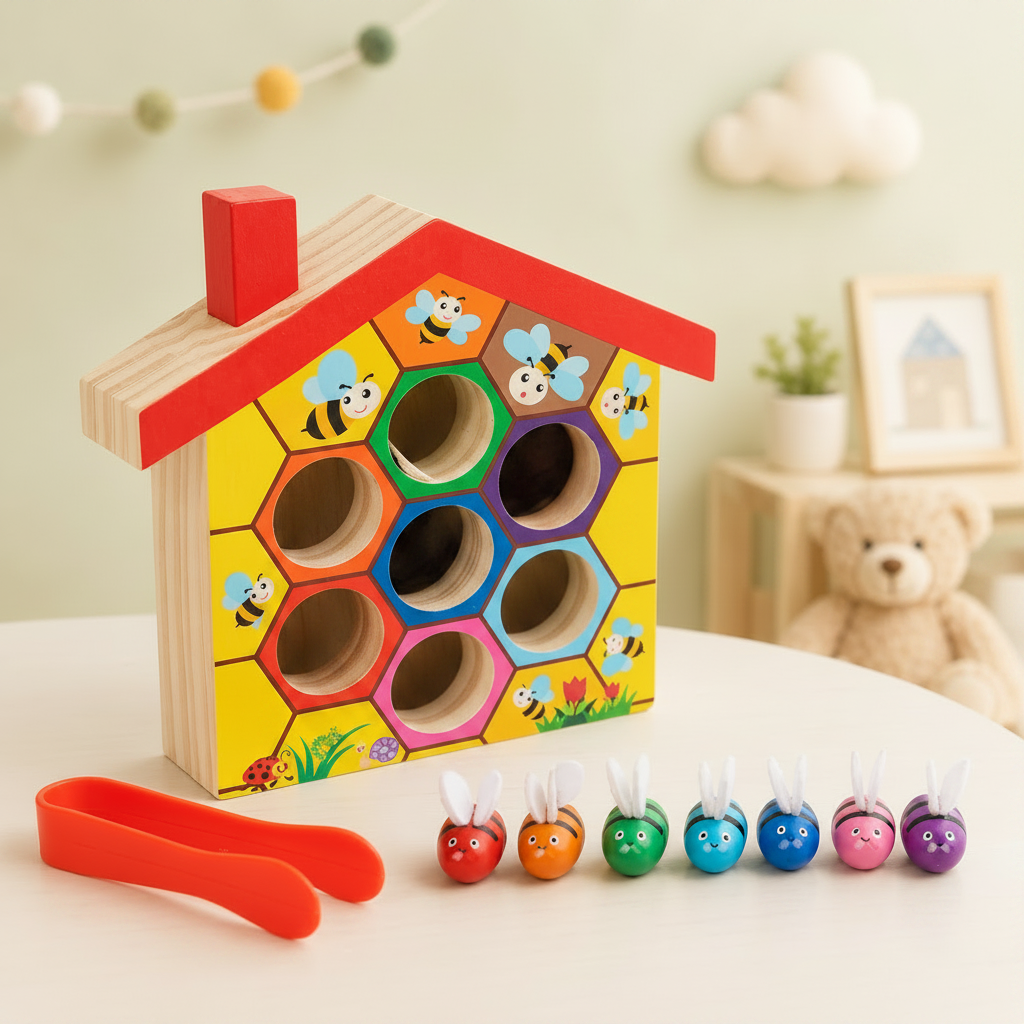 HoneyHive – Montessori & Edukacyjne – Drewniana gra w sortowanie pszczół