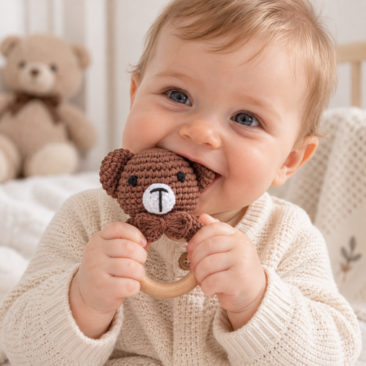 CuddleRattle – Delikatna i zabawna – szydełkowa grzechotka dla niemowląt z drewnianym kółkiem
