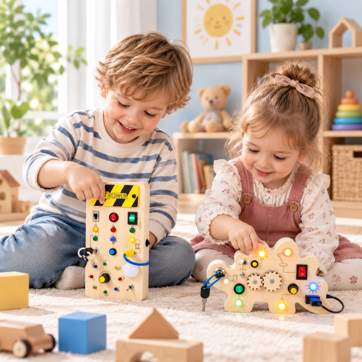 TinyTech – Drewniana tablica edukacyjna z lampkami i przełącznikami – zabawka edukacyjna