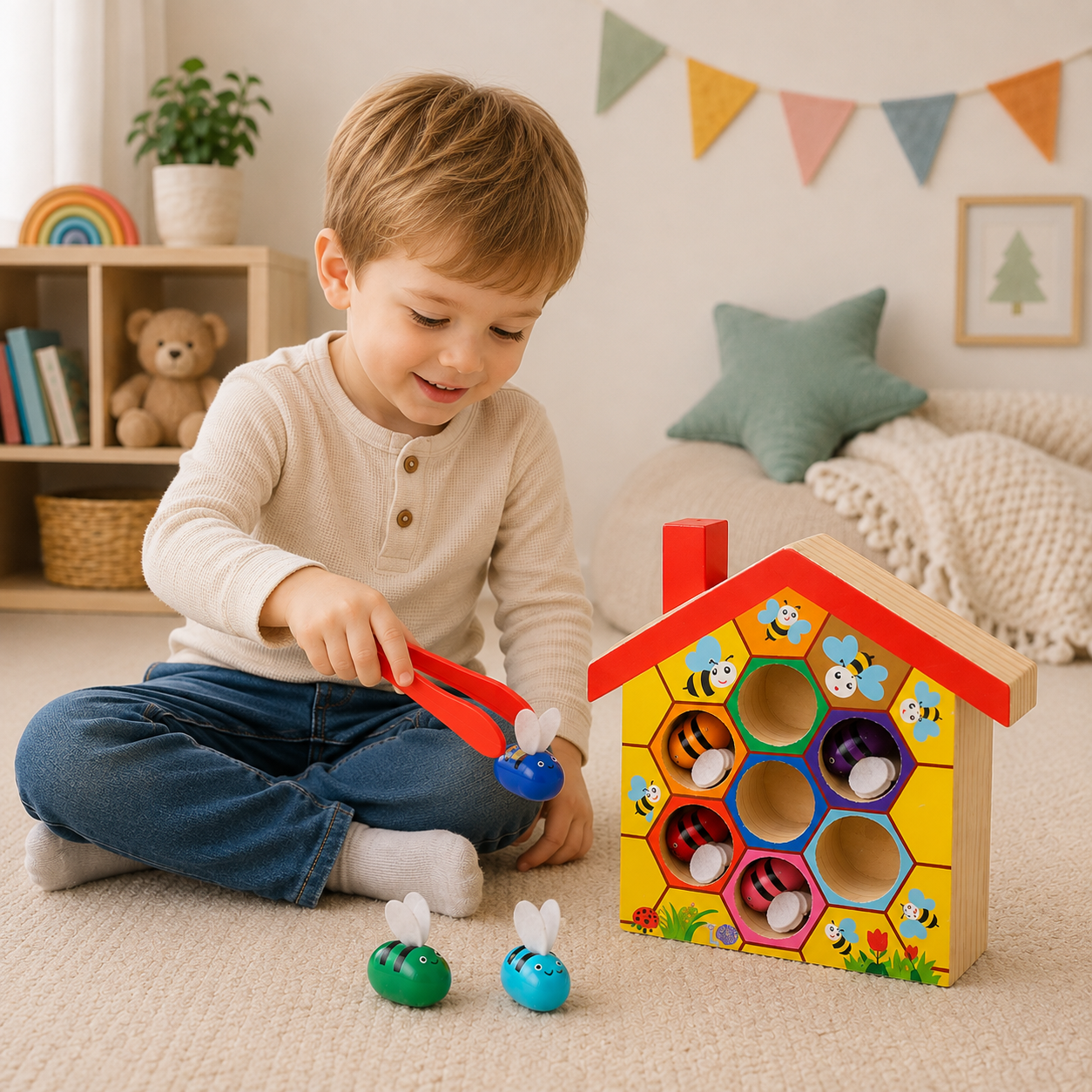HoneyHive – Montessori & Edukacyjne – Drewniana gra w sortowanie pszczół