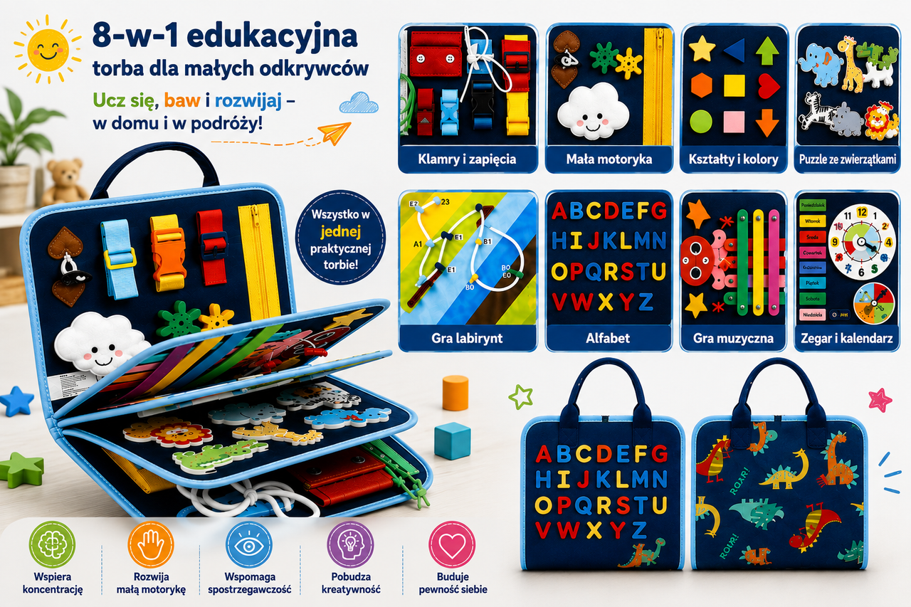 7-in-1 Busy Board – Motoryka i nauka – tablica z zadaniami