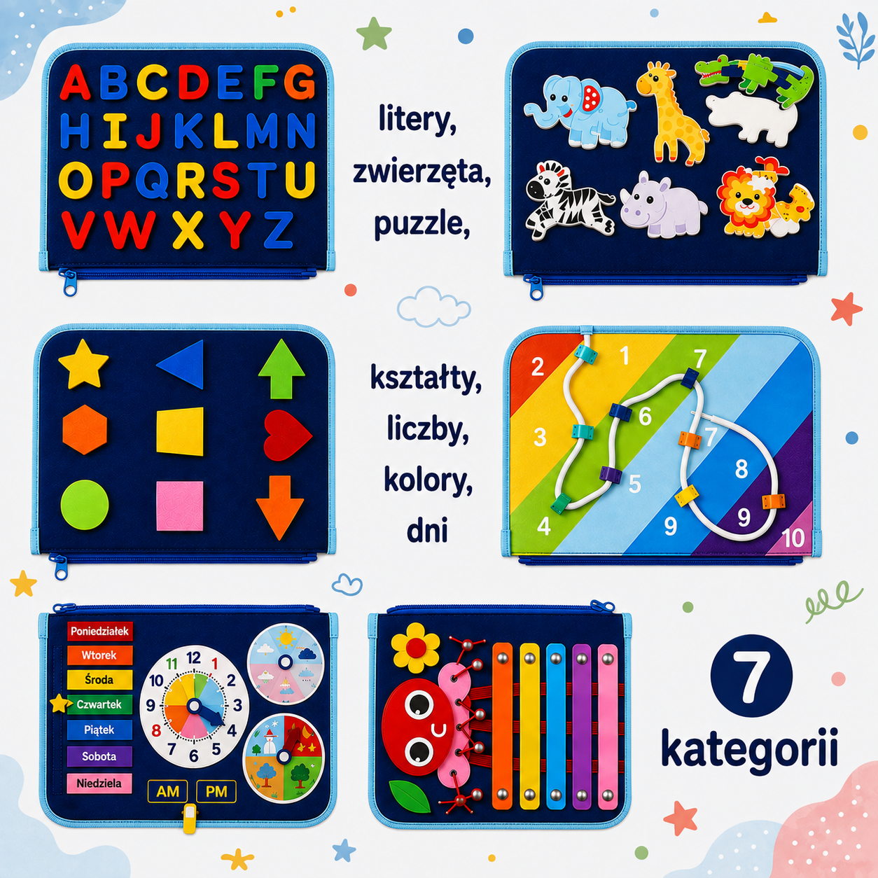 7-in-1 Busy Board – Motoryka i nauka – tablica z zadaniami