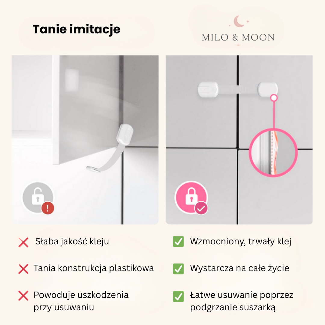 Milo & Moon – Niewidoczne zabezpieczenia – zabezpieczenia do szafek i szuflad dla dzieci (8 sztuk)