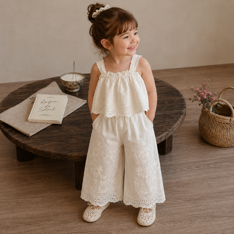 TinyLuxe – Letni komplet z koronkową bluzką i spodniami z szerokimi nogawkami