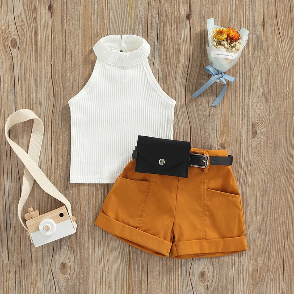 MiniFashionista – Elegancja i trendy – zestaw dla dziewczynek składający się z topu, szortów i saszetki