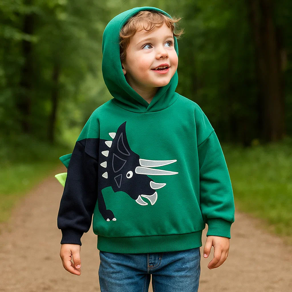 DinoStyle – Ciepła i oddychająca bluza z kapturem z nadrukiem triceratopsa