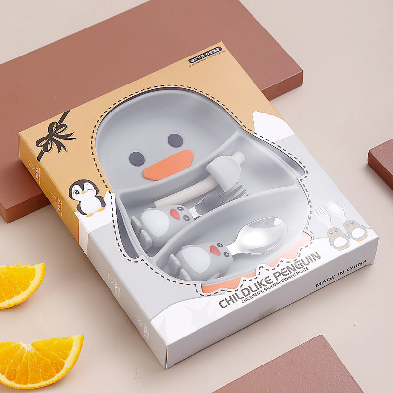 MiniMeal – Bezpieczny i antypoślizgowy – silikonowy zestaw talerzy dla maluchów ze sztućcami