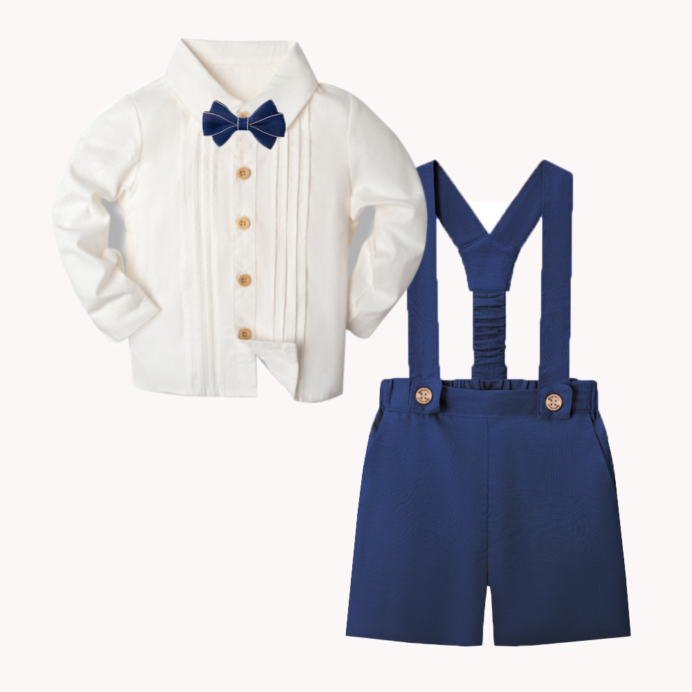 LittleDandy – Klasyczne i eleganckie – Bawełniane spodenki z szelkami, kokardką i koszulą