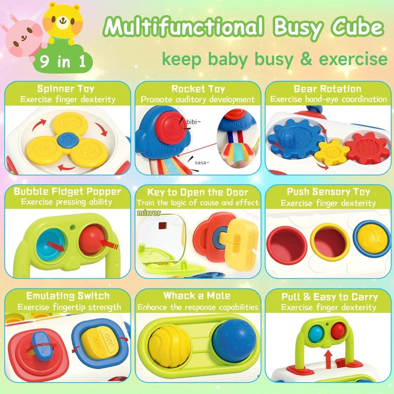 BusyCube – Inteligentna i zabawna – kostka Montessori Fidget 10 w 1