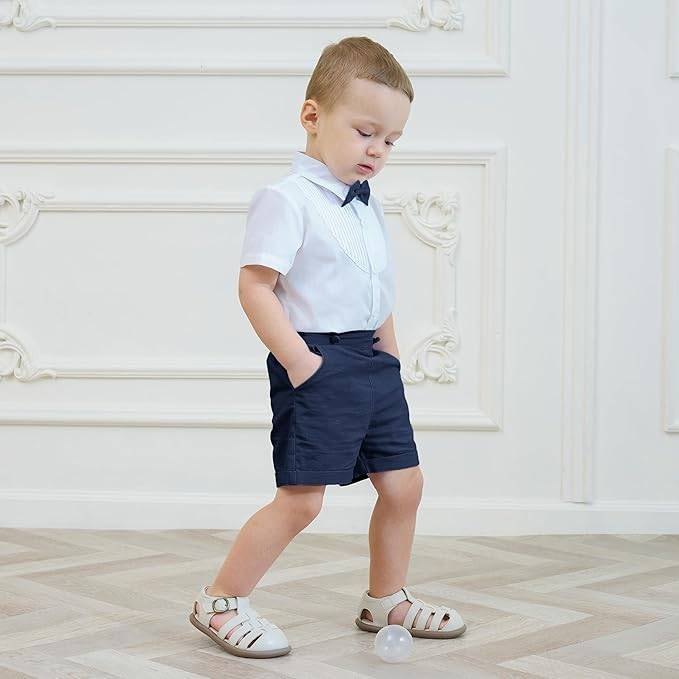 LittleDandy – Klasyczne i eleganckie – Bawełniane spodenki z szelkami, kokardką i koszulą